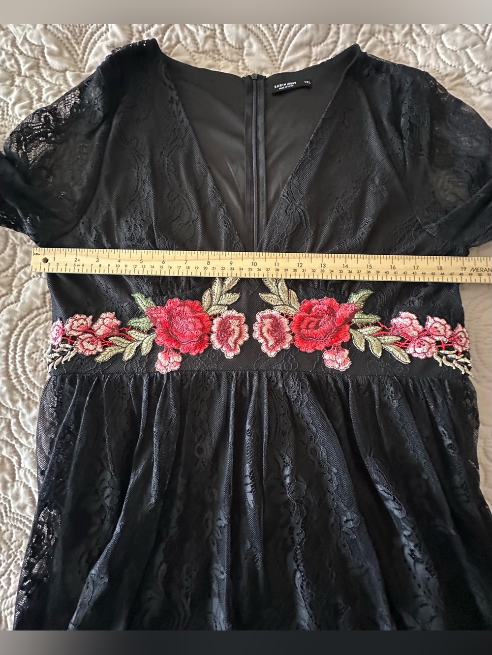 SHEIN Curve Black Lace Witchy Goth Rose Embroidered Dress Long Sleeve Coquette - Picture 10 of 14